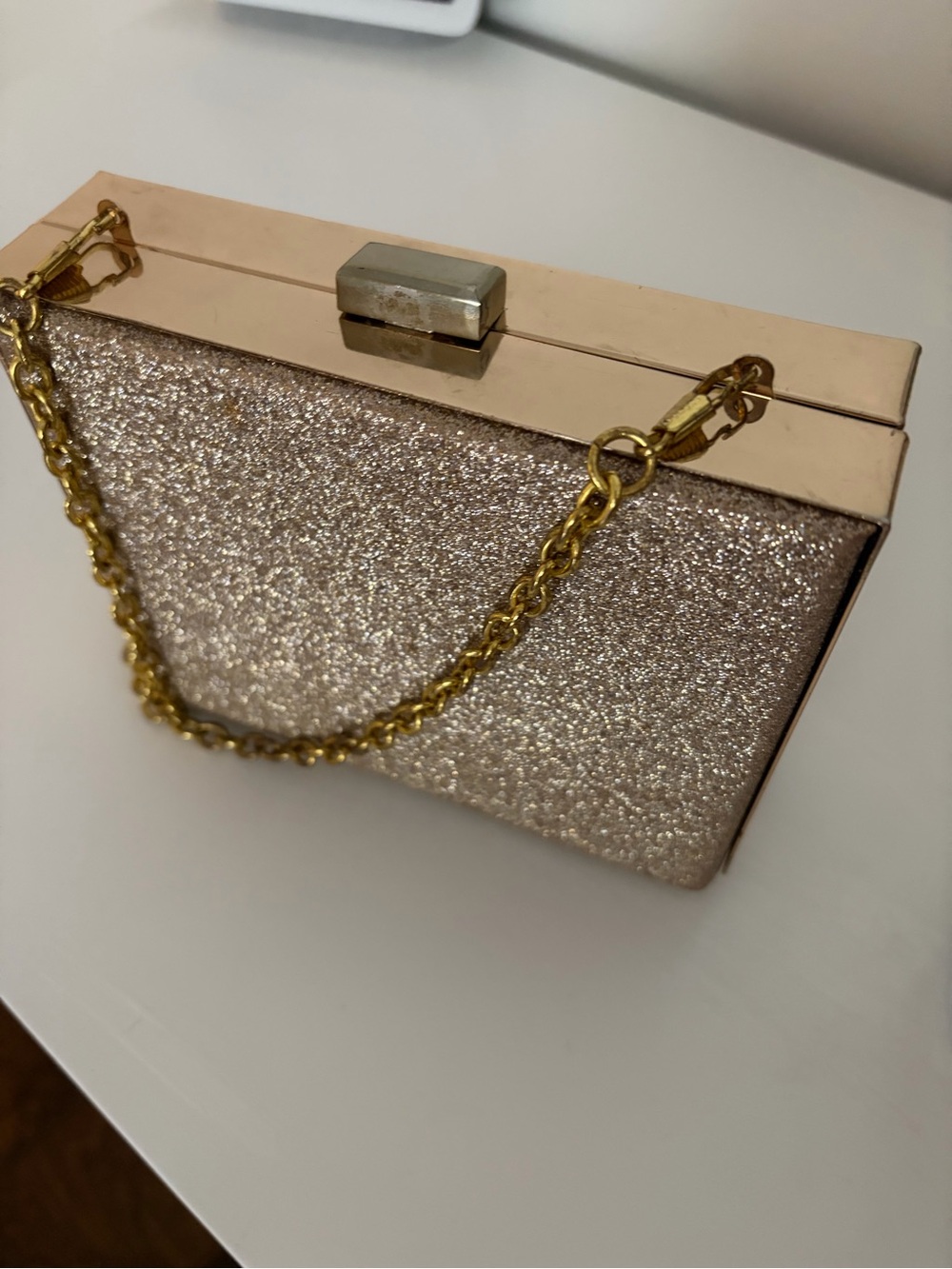 Gold Glitter Clutch with Chain Strap